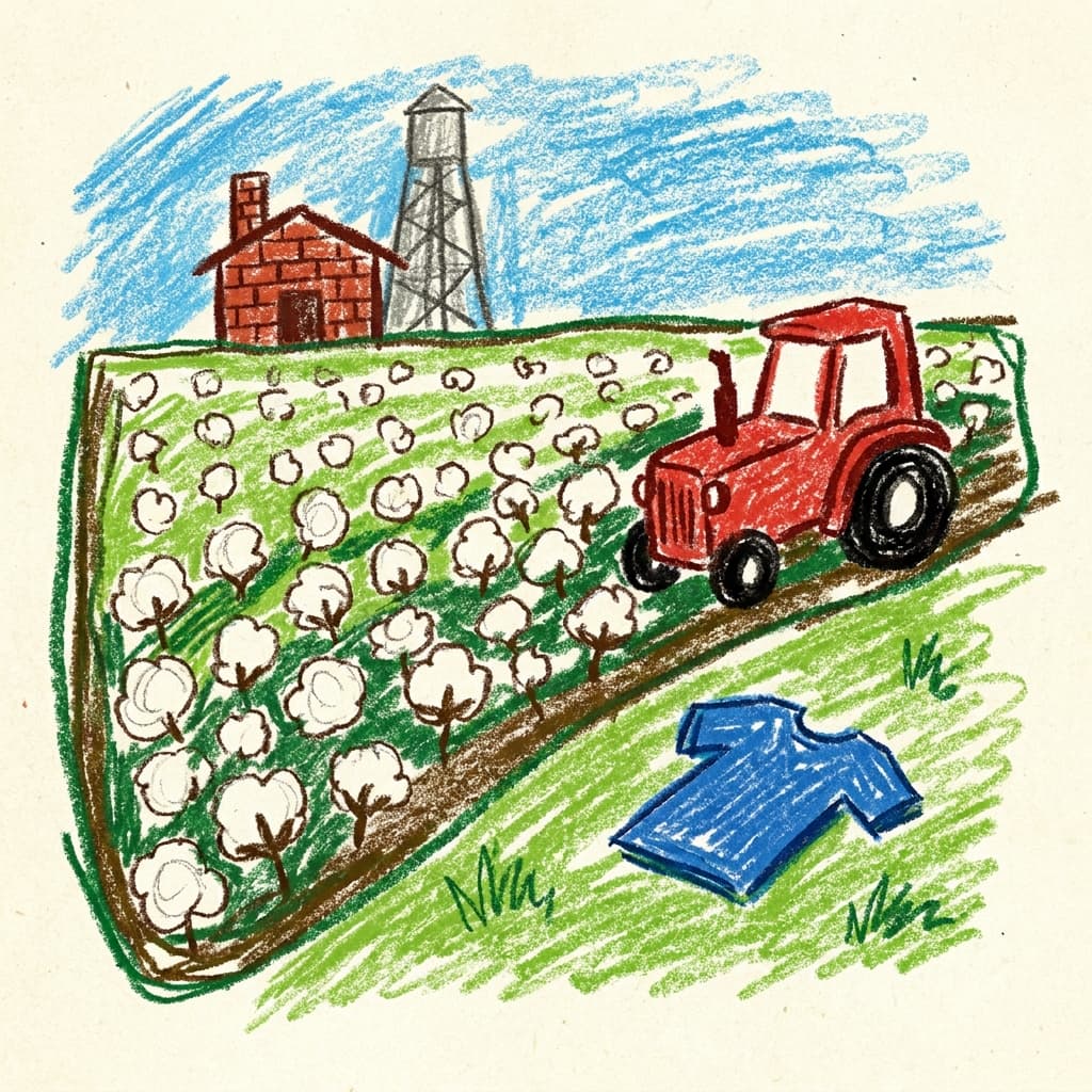 A crayon drawing of a cotton field full of white bolls with a red tractor at the edge of it and a brick mill with a water tower behind.