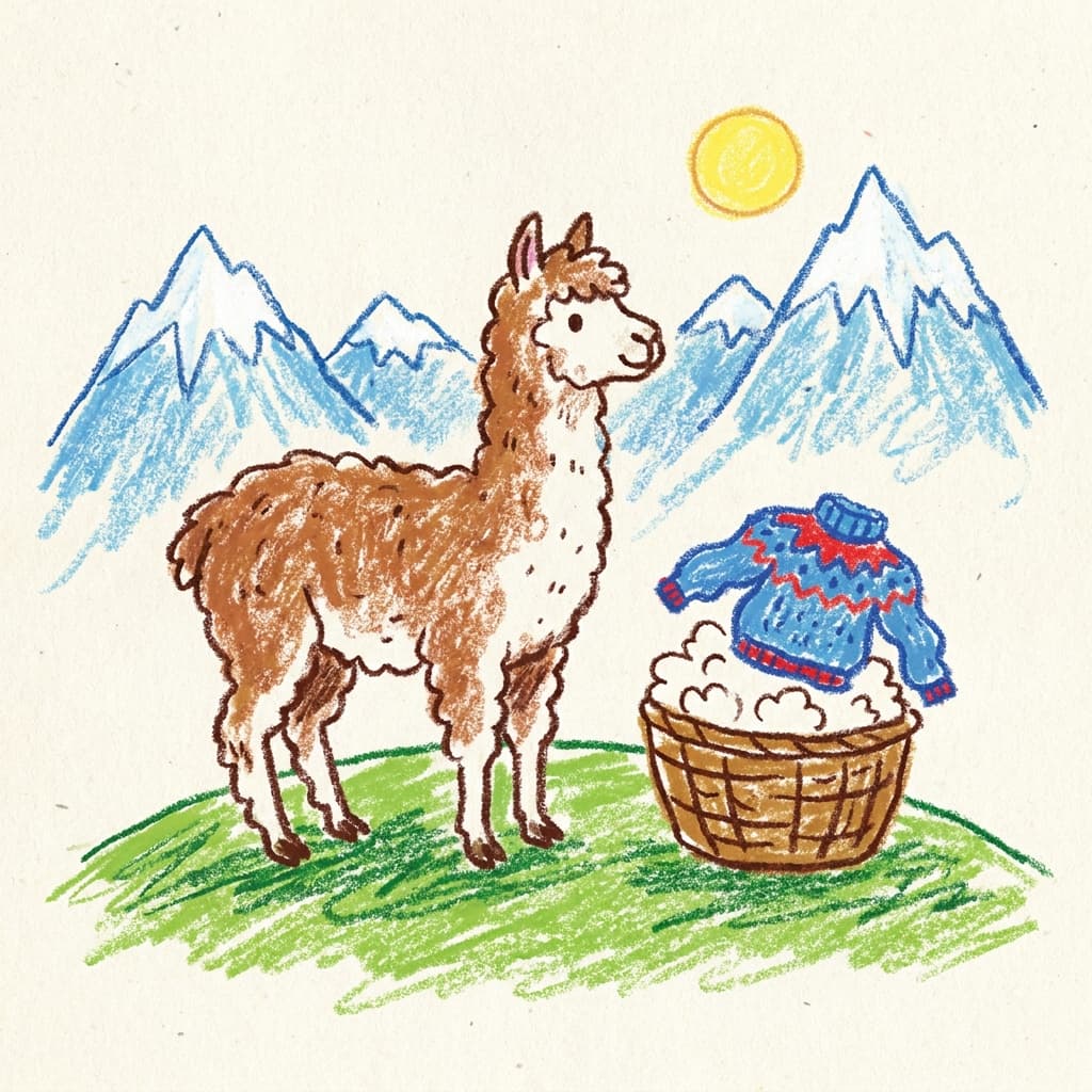 A crayon drawing of an alpaca standing on a green mountainside with snowy peaks behind it and a basket of fleece beside it.