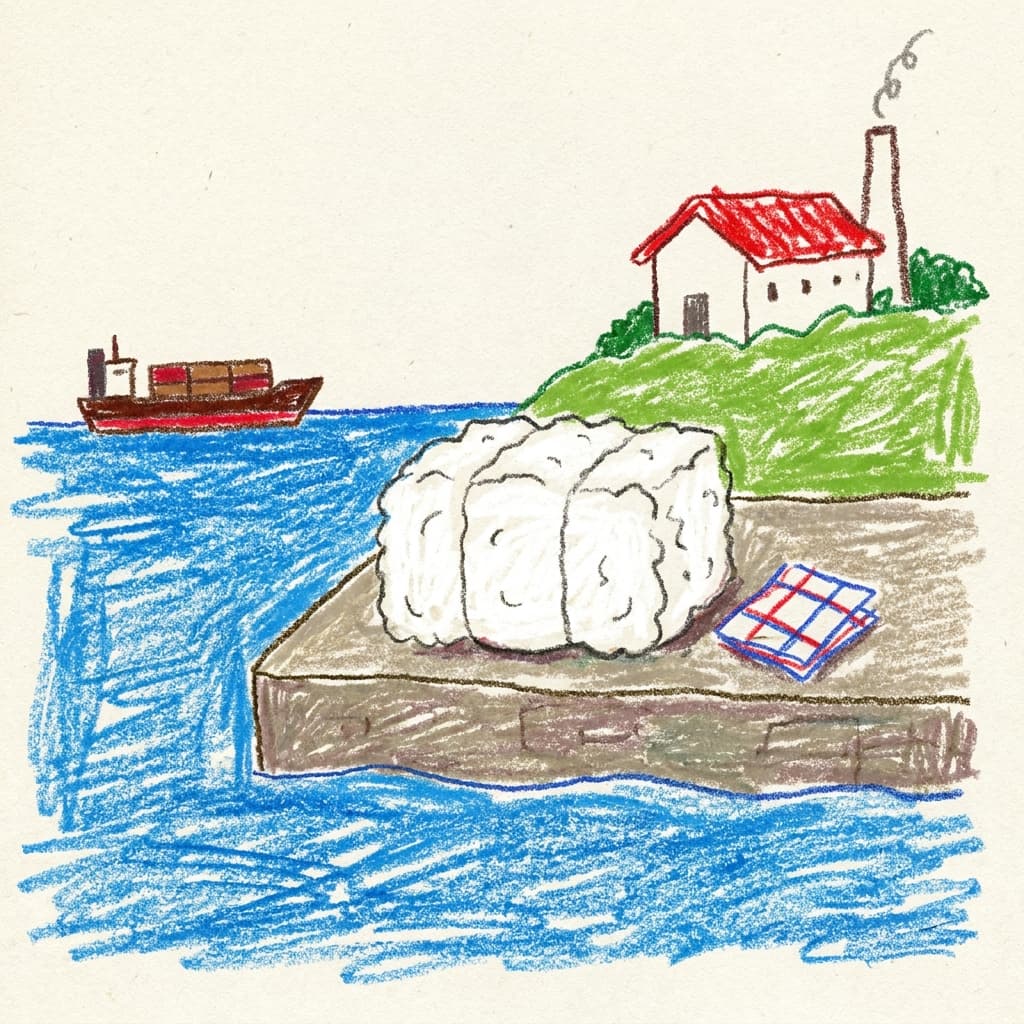 A crayon drawing of a bale of cotton on a stone dock beside the sea, a cargo ship on the water and a mill with a red roof on the hill above.