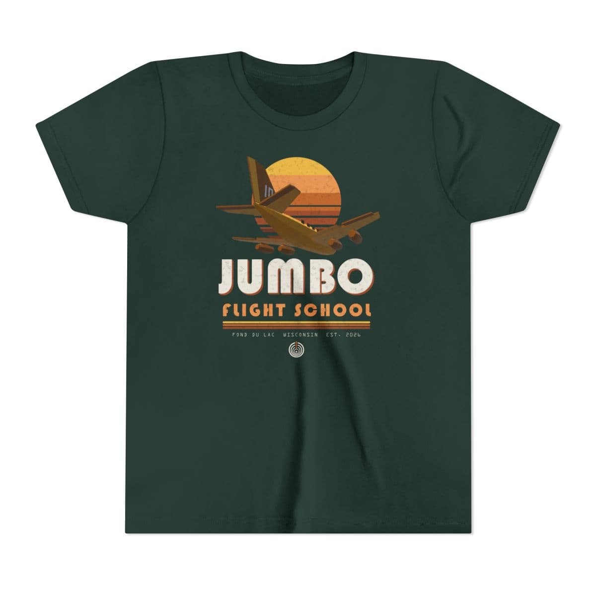 Design mockup of Jumbo Flight School Tee, Kids'. Not a product photograph.