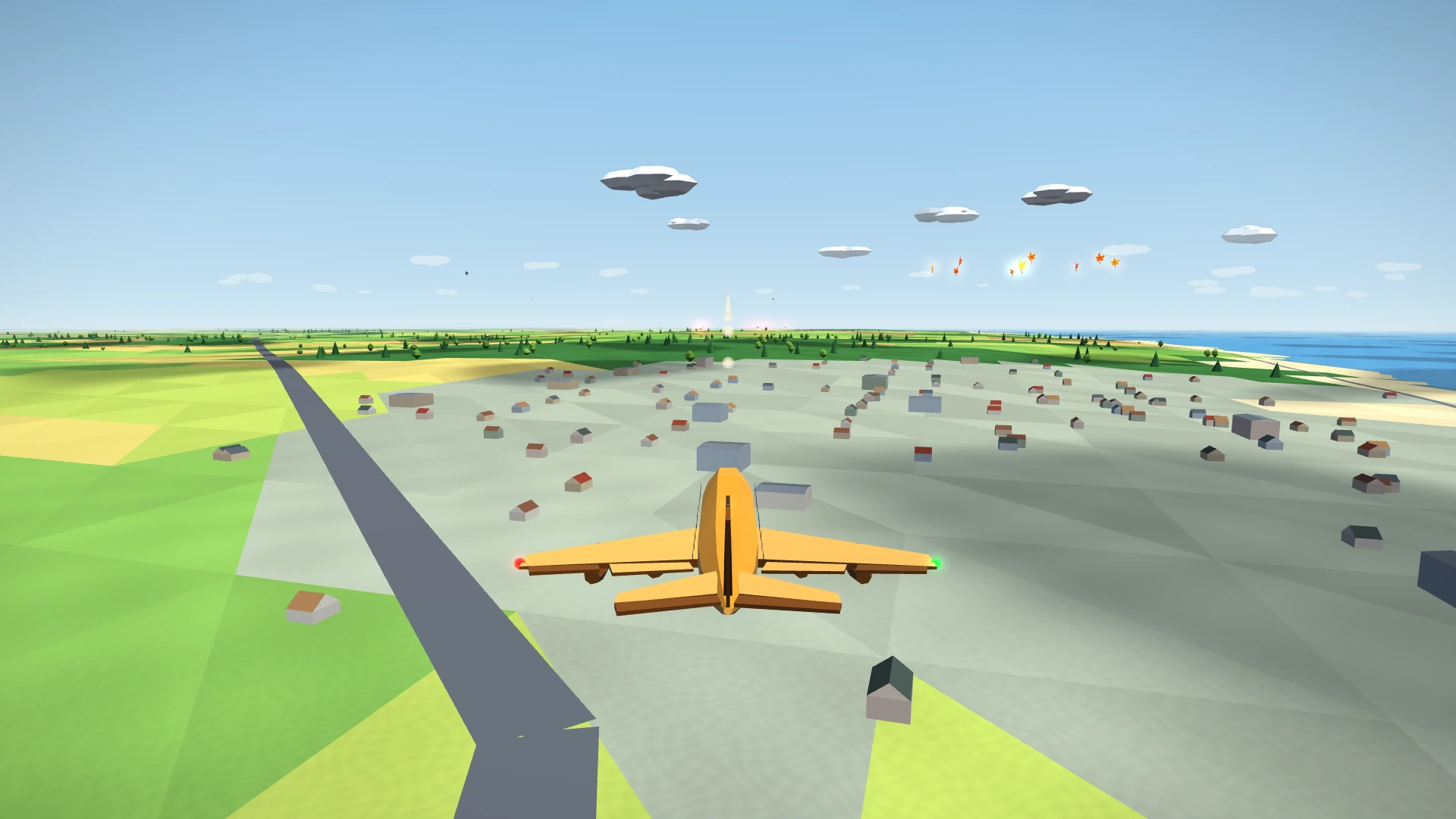 The wooden Jumbo flying above green fields and a lakeside town in Flight Simulator. Actual game frame.