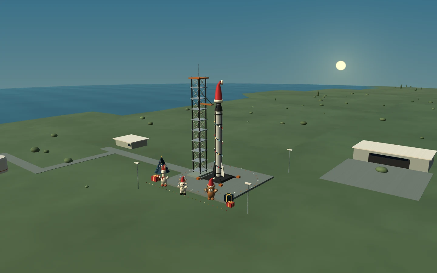 An actual LOGx Christmas game frame showing a rocket with a Santa hat and tree decorations, with Larry, Garry and Bearry at the launch pad.