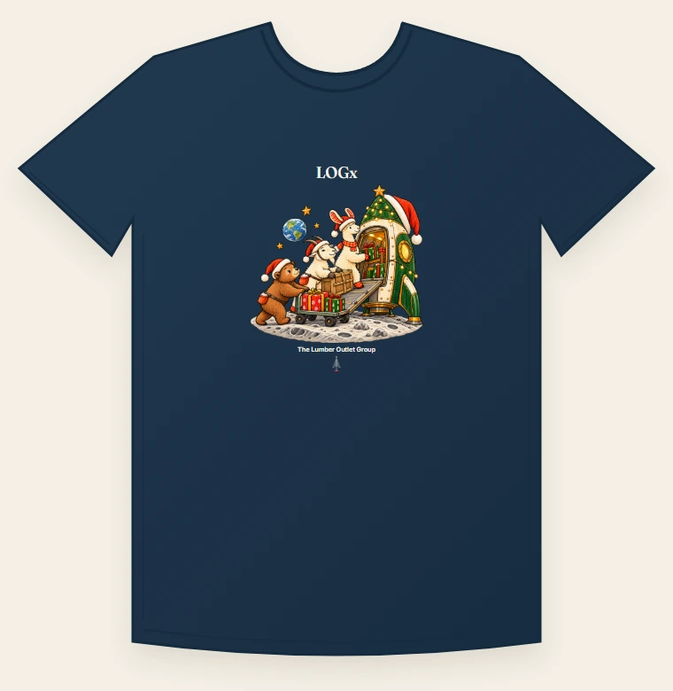 Design mockup of a LOGx cosmic delivery crew shirt with Larry, Garry and Bearry, The Lumber Outlet Group name and the Christmas spruce logo. Not a product photograph.