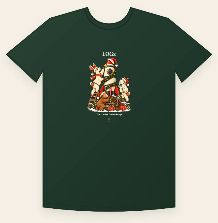 Design mockup of a LOGx Christmas launch crew shirt with Larry, Garry and Bearry, The Lumber Outlet Group name and the Christmas spruce logo. Not a product photograph.